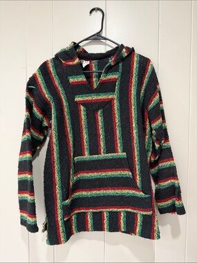 Black Striped V-Neck Baja Sweater Hoodie in Red & Green